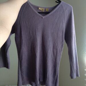 Nordstrom Caslon Purple 3/4 Sleeve 100% Silk Ribbed Knit V-Neck Top Size Medium